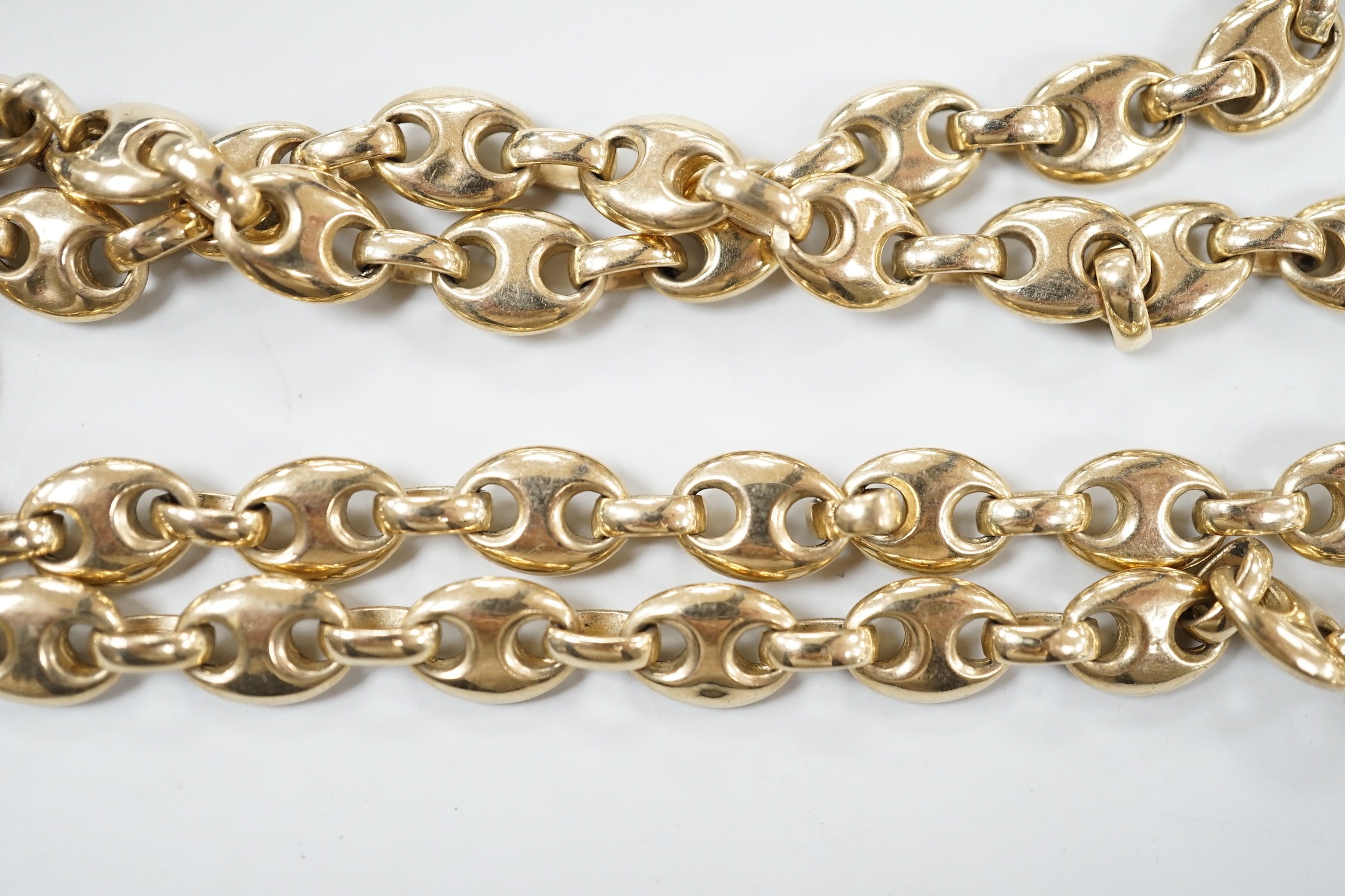 A modern 9ct gold oval link necklace, 67cm, 70.8 grams.